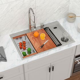 33 Inch Drop In Workstation Kitchen Sink With Glass Rinser, Top Mount 16 Gauge Stainless Steel Single Bowl Kitchen Sink With Cup Washer